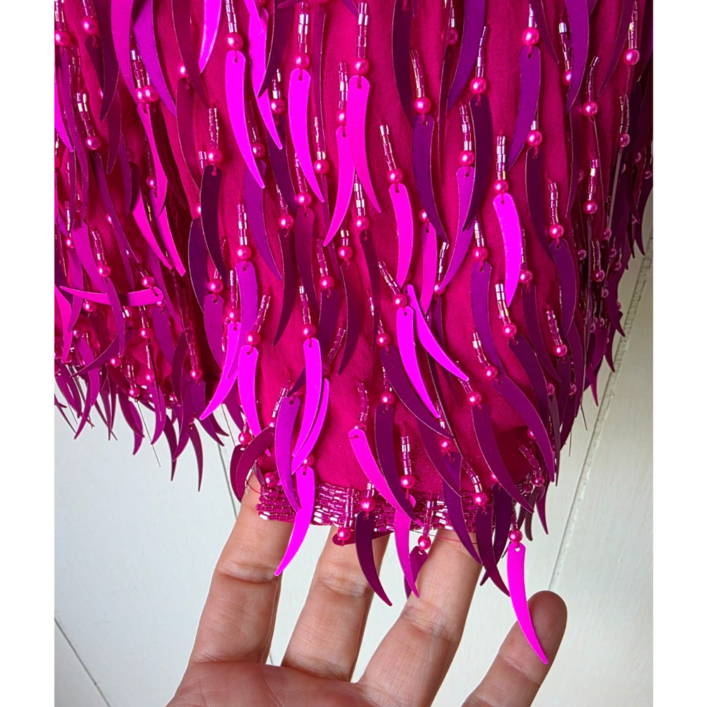 AJ Bari Silk Hot Pink Cattail Sequin Beaded Fringe Vintage Trophy Sheath Dress 6 - Picture 6 of 15